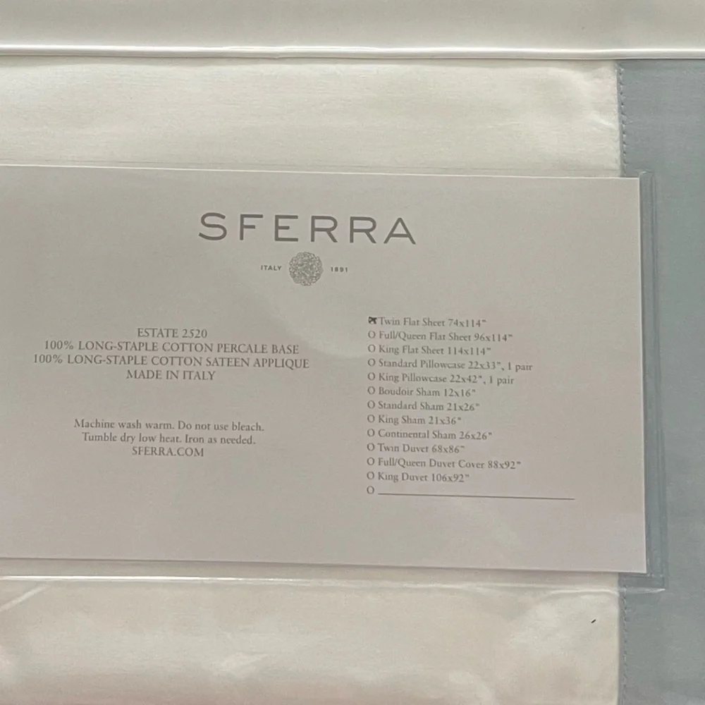 SFERRA Estate White/Poolside Twin Flat Sheet with Blue Trim New In Package